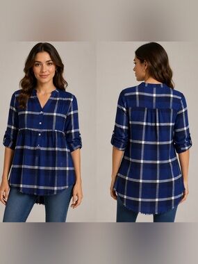 Anthropologie Holding Horses Women’s 2 Blue Plaid Long Sleeve Frayed Hem Blouse